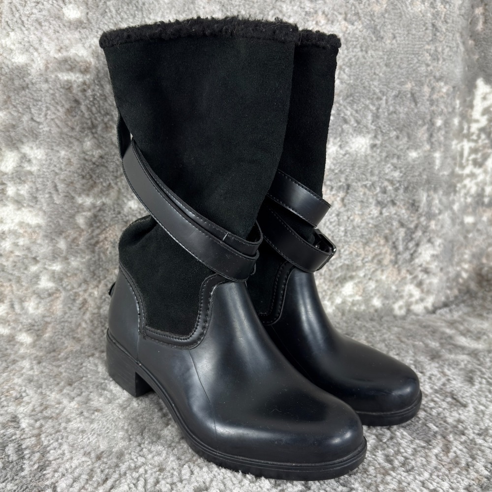Coach Size 8B Zena Suede‎ Moto Block Heel Boots Black Buckle Casual
